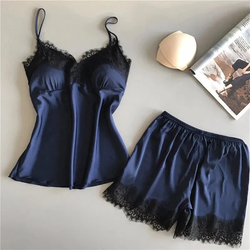 Women V Neck Stretch Satin Babydoll Lace Lingerie Pajama Set
