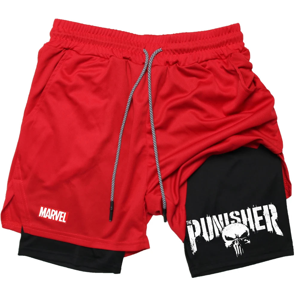 Marvel The Punisher Gym Men Fitness 2 In 1 Anime Performance Mesh Quick Dry Shorts
