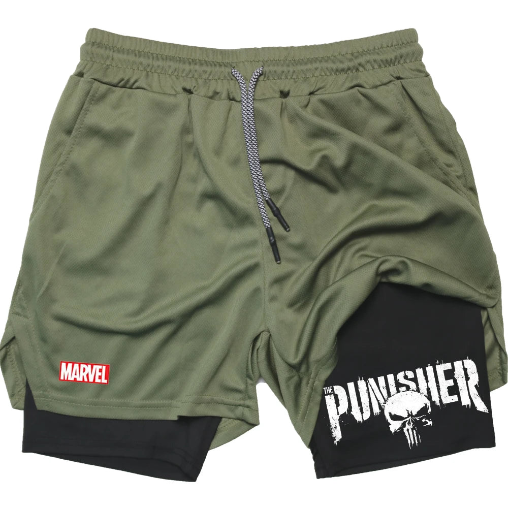 Marvel The Punisher Gym Men Fitness 2 In 1 Anime Performance Mesh Quick Dry Shorts