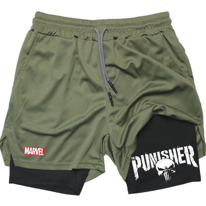 Marvel The Punisher Gym Men Fitness 2 In 1 Anime Performance Mesh Quick Dry Shorts