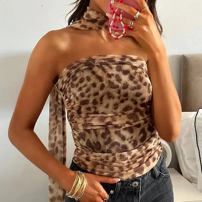 Women's Leopard Strapless Backless Mesh Top & Bottom