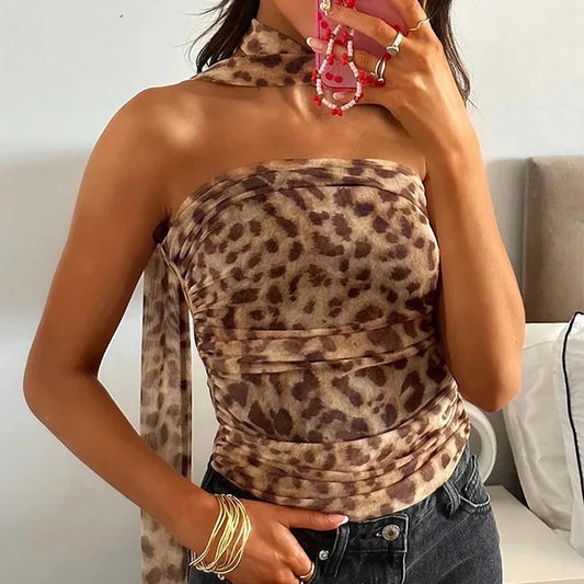 Women's Leopard Strapless Backless Mesh Top & Bottom