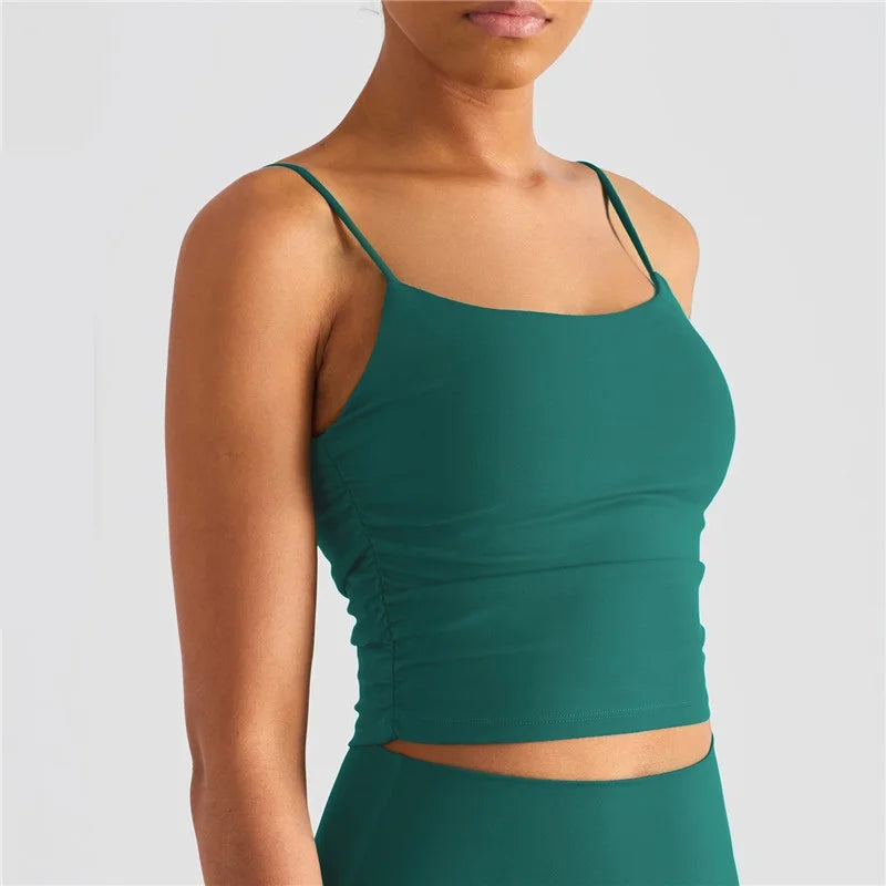 Solid Color Suspender Pleats Women Fitness Bra Gym Sports Top With Chest Pad