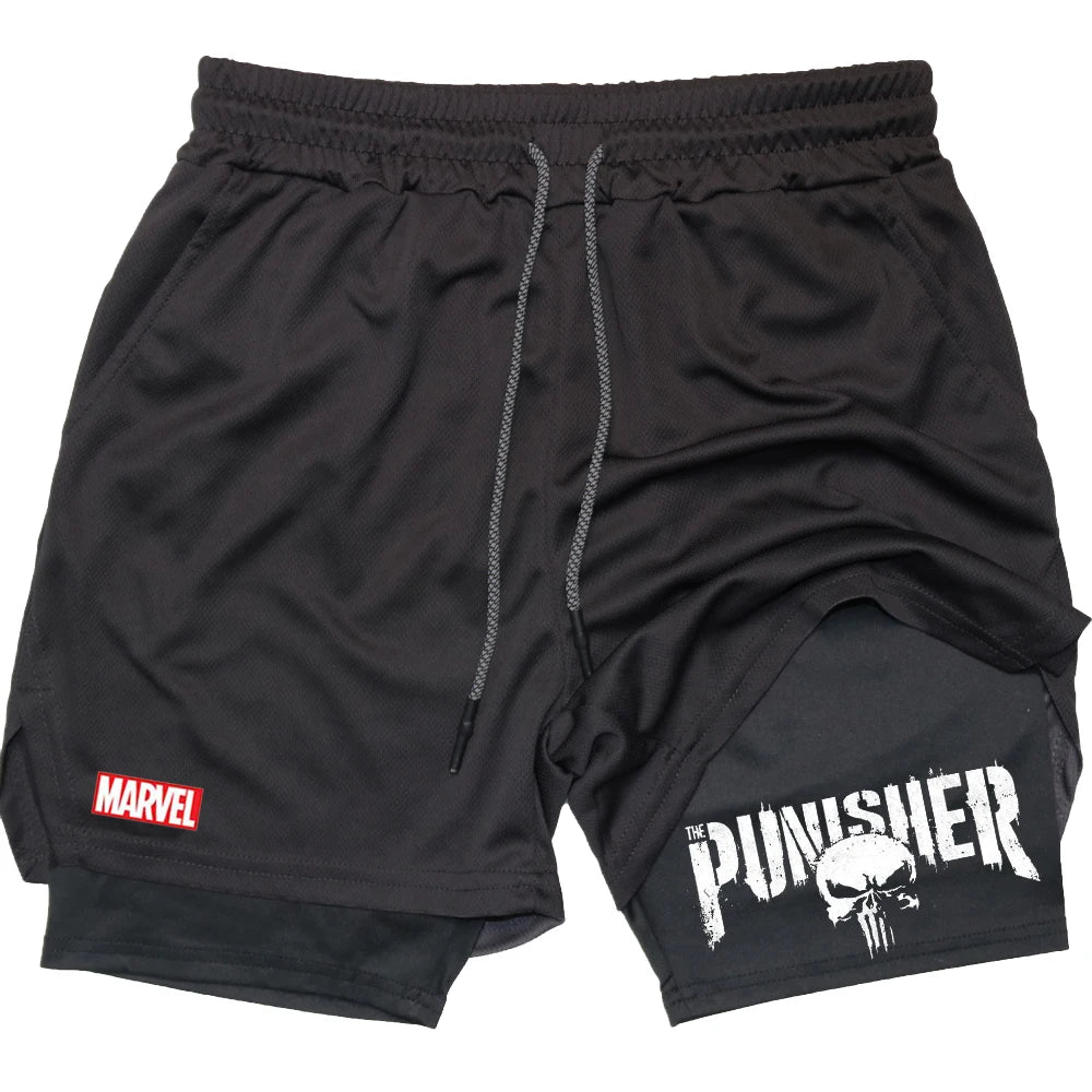 Marvel The Punisher Gym Men Fitness 2 In 1 Anime Performance Mesh Quick Dry Shorts