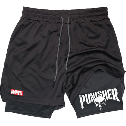 Marvel The Punisher Gym Men Fitness 2 In 1 Anime Performance Mesh Quick Dry Shorts