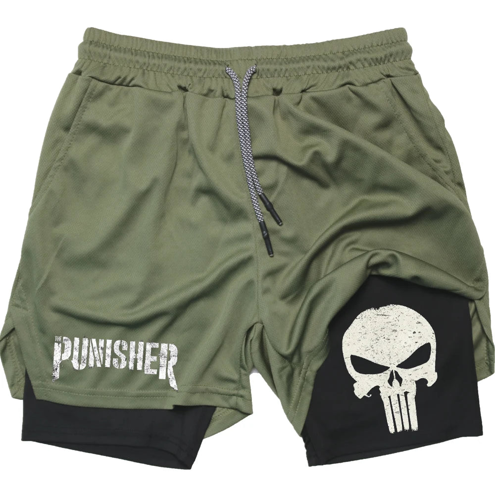 Marvel The Punisher Gym Men Fitness 2 In 1 Anime Performance Mesh Quick Dry Shorts