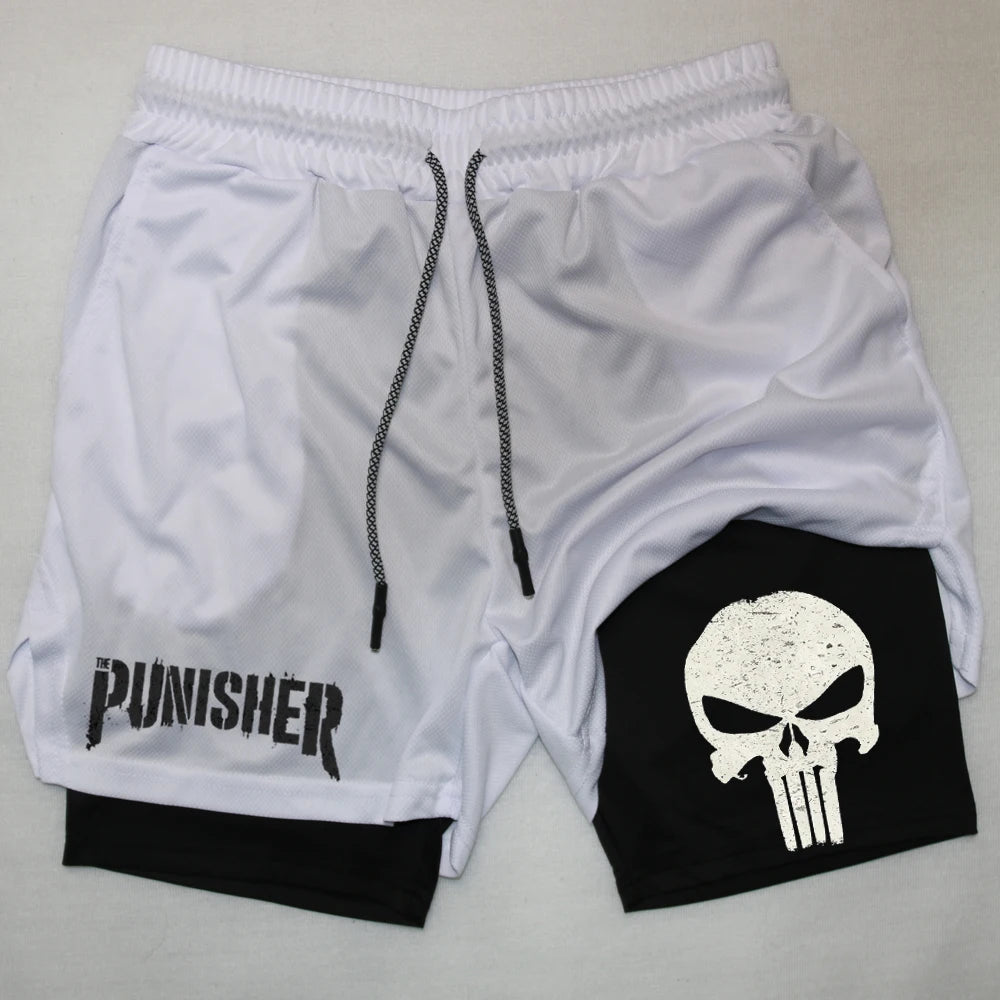 Marvel The Punisher Gym Men Fitness 2 In 1 Anime Performance Mesh Quick Dry Shorts