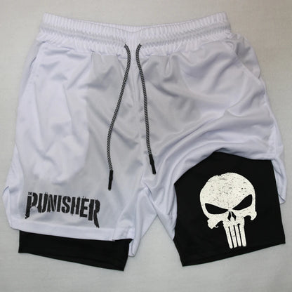 Marvel The Punisher Gym Men Fitness 2 In 1 Anime Performance Mesh Quick Dry Shorts