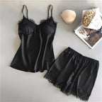 Women V Neck Stretch Satin Babydoll Lace Lingerie Pajama Set