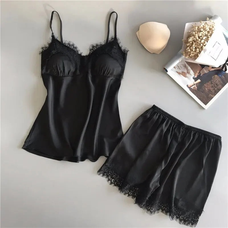 Women V Neck Stretch Satin Babydoll Lace Lingerie Pajama Set