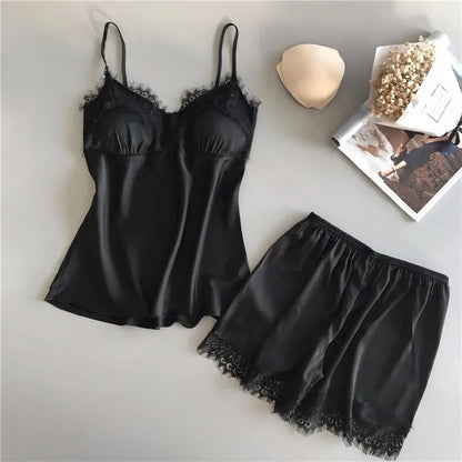 Women V Neck Stretch Satin Babydoll Lace Lingerie Pajama Set