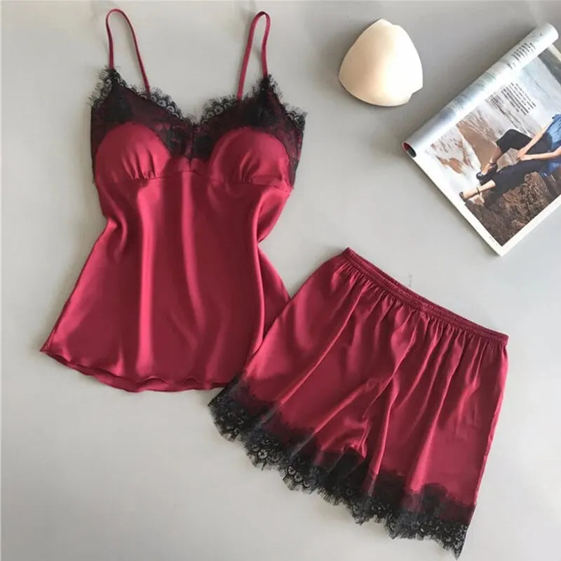 Women V Neck Stretch Satin Babydoll Lace Lingerie Pajama Set Main image