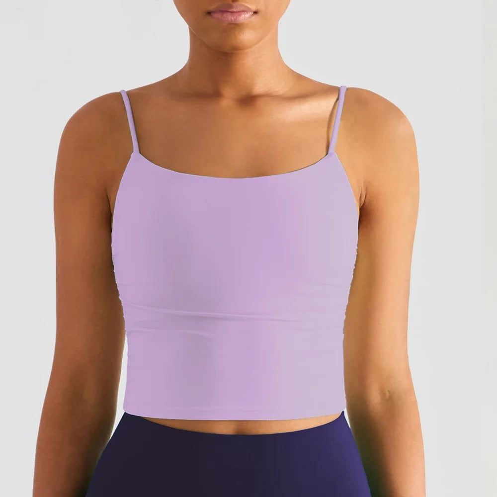Solid Color Suspender Pleats Women Fitness Bra Gym Sports Top With Chest Pad