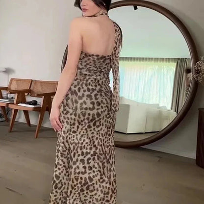 Women's Leopard Strapless Backless Mesh Top & Bottom
