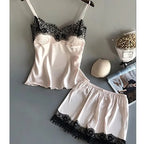 Women V Neck Stretch Satin Babydoll Lace Lingerie Pajama Set