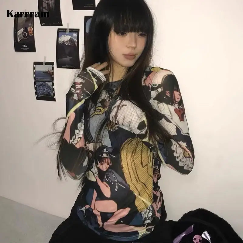 Japanese Anime Print Long Sleeve Mesh Top