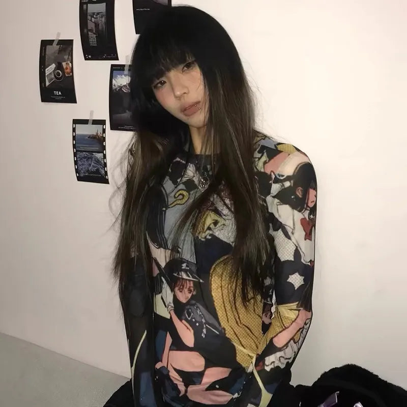 Japanese Anime Print Long Sleeve Mesh Top Anime Women's Tops Not Branded