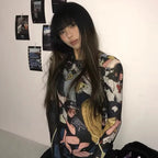 Japanese Anime Print Long Sleeve Mesh Top Anime Women's Tops Not Branded