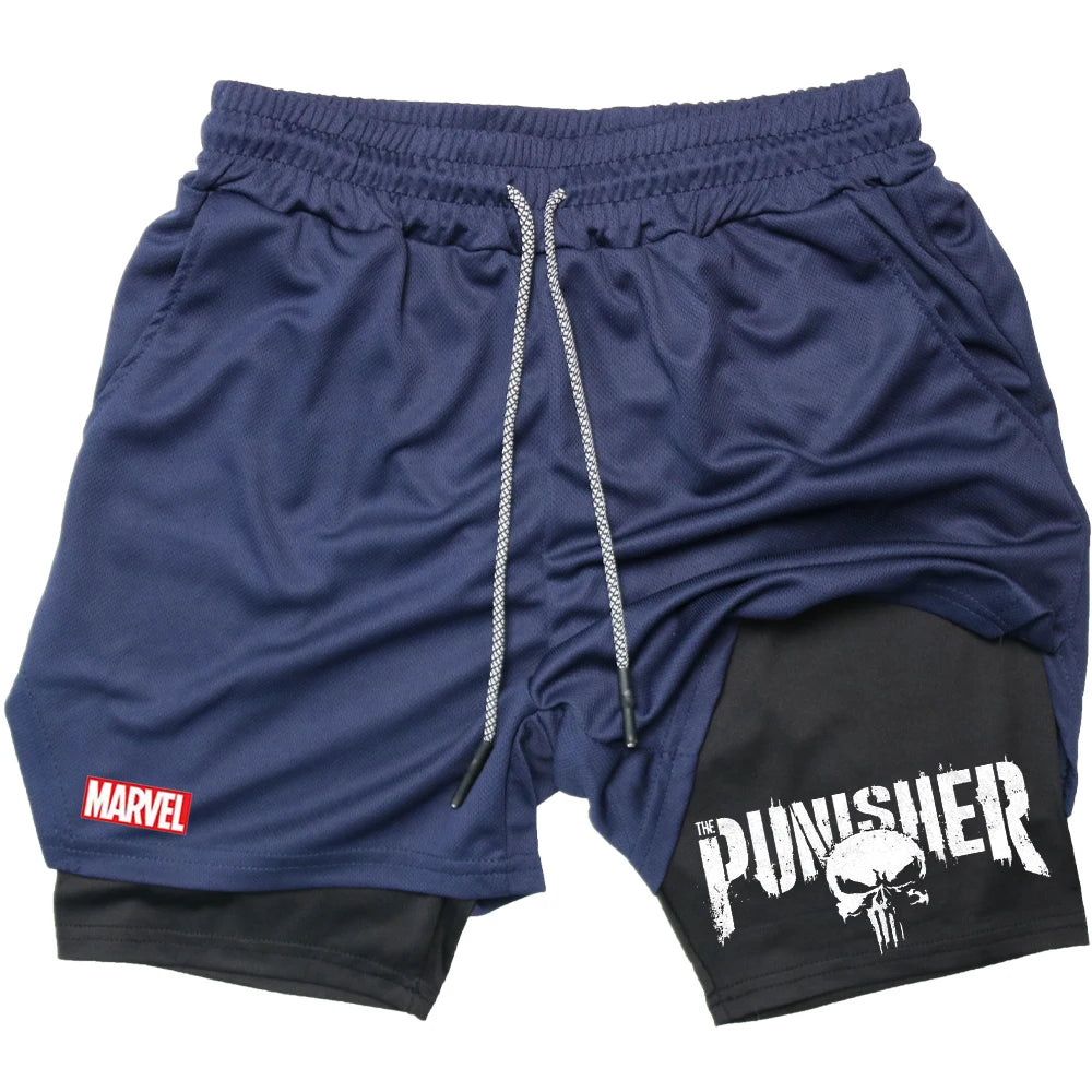 Marvel The Punisher Gym Men Fitness 2 In 1 Anime Performance Mesh Quick Dry Shorts