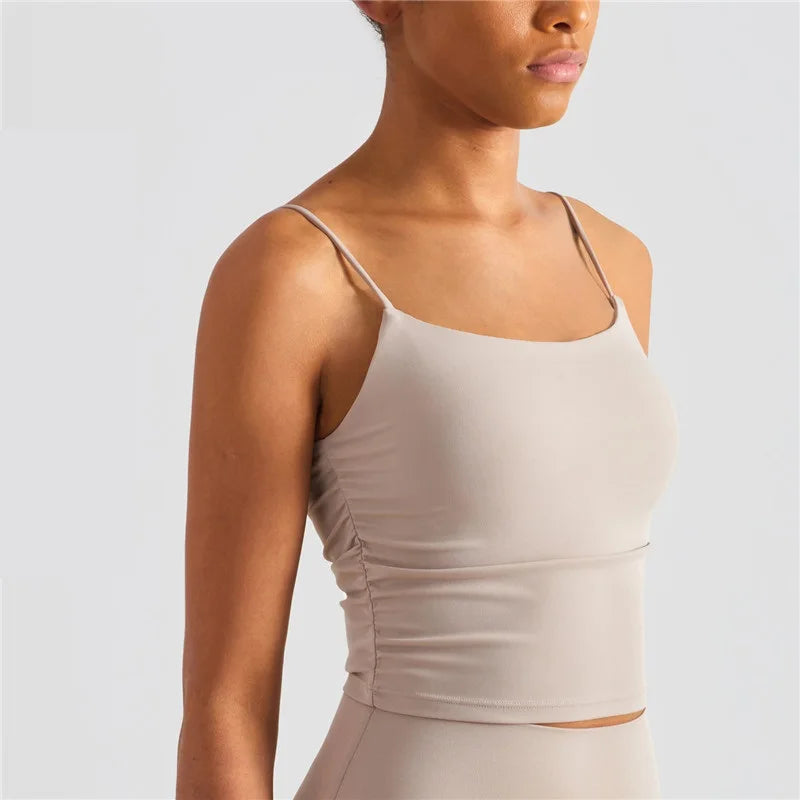 Solid Color Suspender Pleats Women Fitness Bra Gym Sports Top With Chest Pad