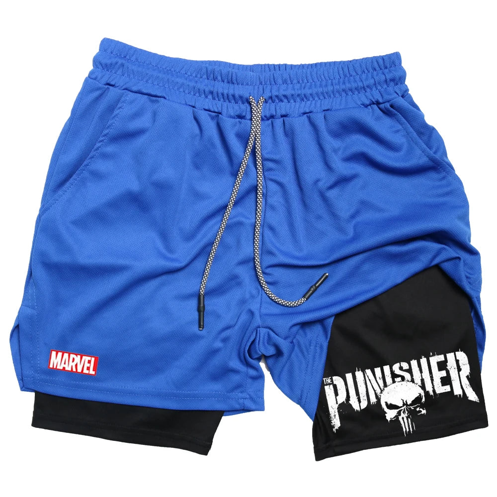Marvel The Punisher Gym Men Fitness 2 In 1 Anime Performance Mesh Quick Dry Shorts