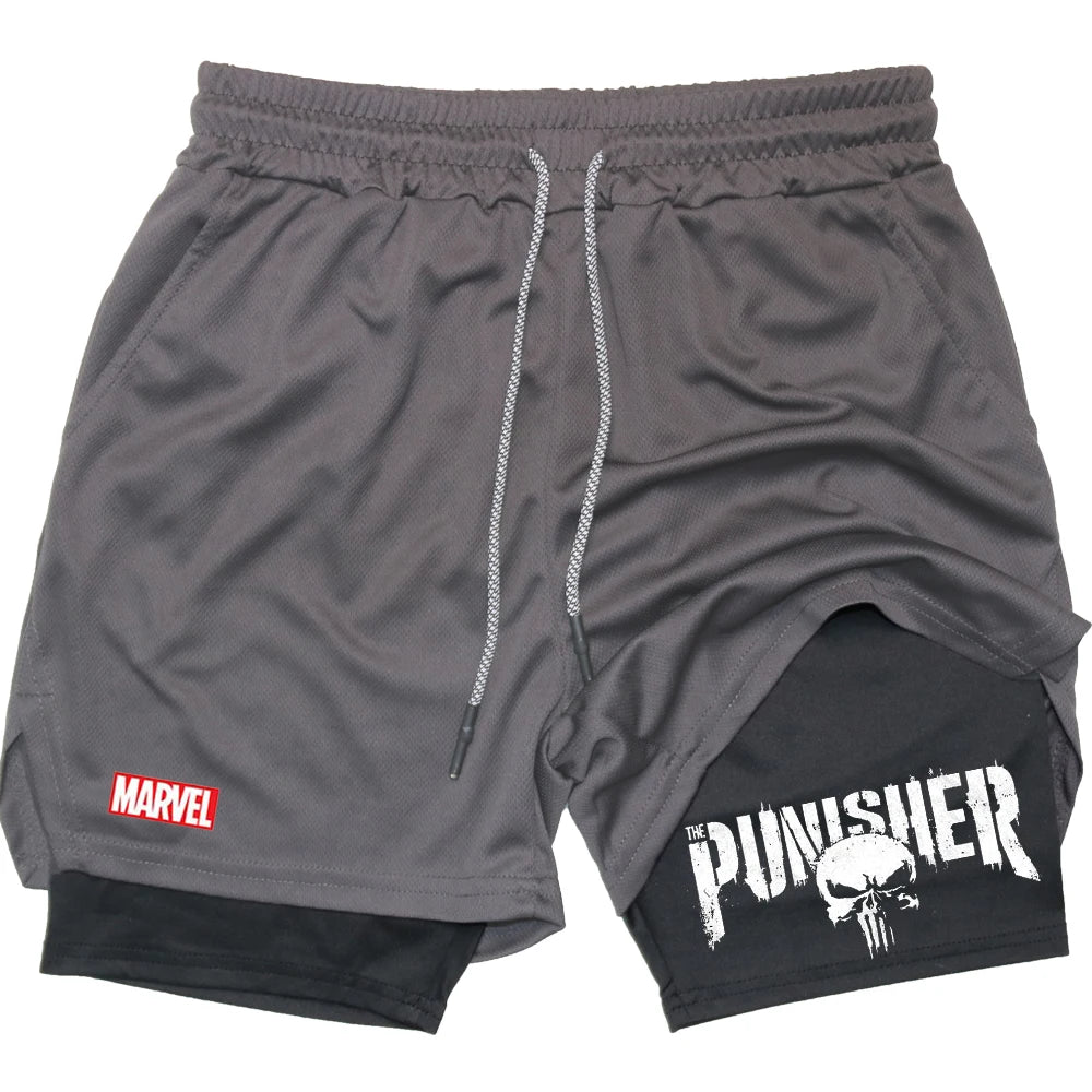 Marvel The Punisher Gym Men Fitness 2 In 1 Anime Performance Mesh Quick Dry Shorts