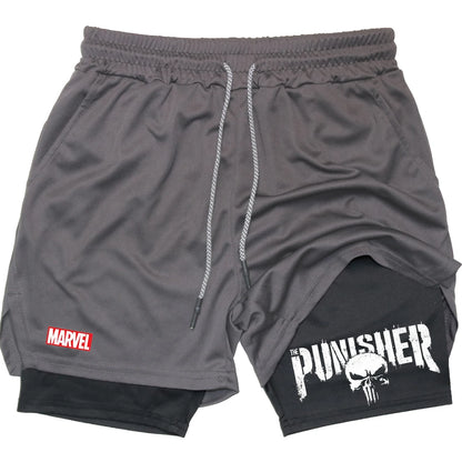 Marvel The Punisher Gym Men Fitness 2 In 1 Anime Performance Mesh Quick Dry Shorts