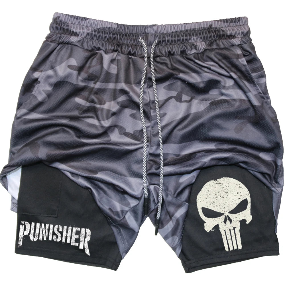 Marvel The Punisher Gym Men Fitness 2 In 1 Anime Performance Mesh Quick Dry Shorts