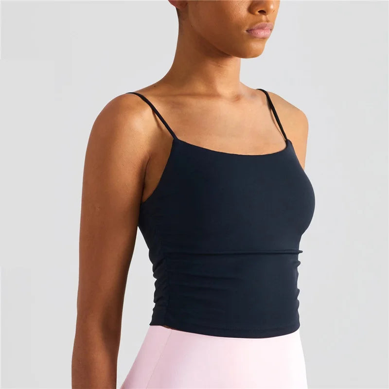 Solid Color Suspender Pleats Women Fitness Bra Gym Sports Top With Chest Pad