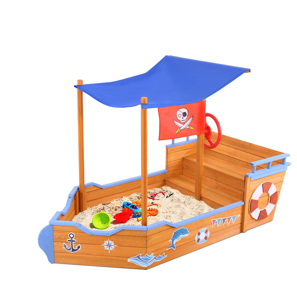 Keezi Kids Sandpit Wooden Boat Sand Pit with Canopy Bench Seat Beach Toys 165cm Main image
