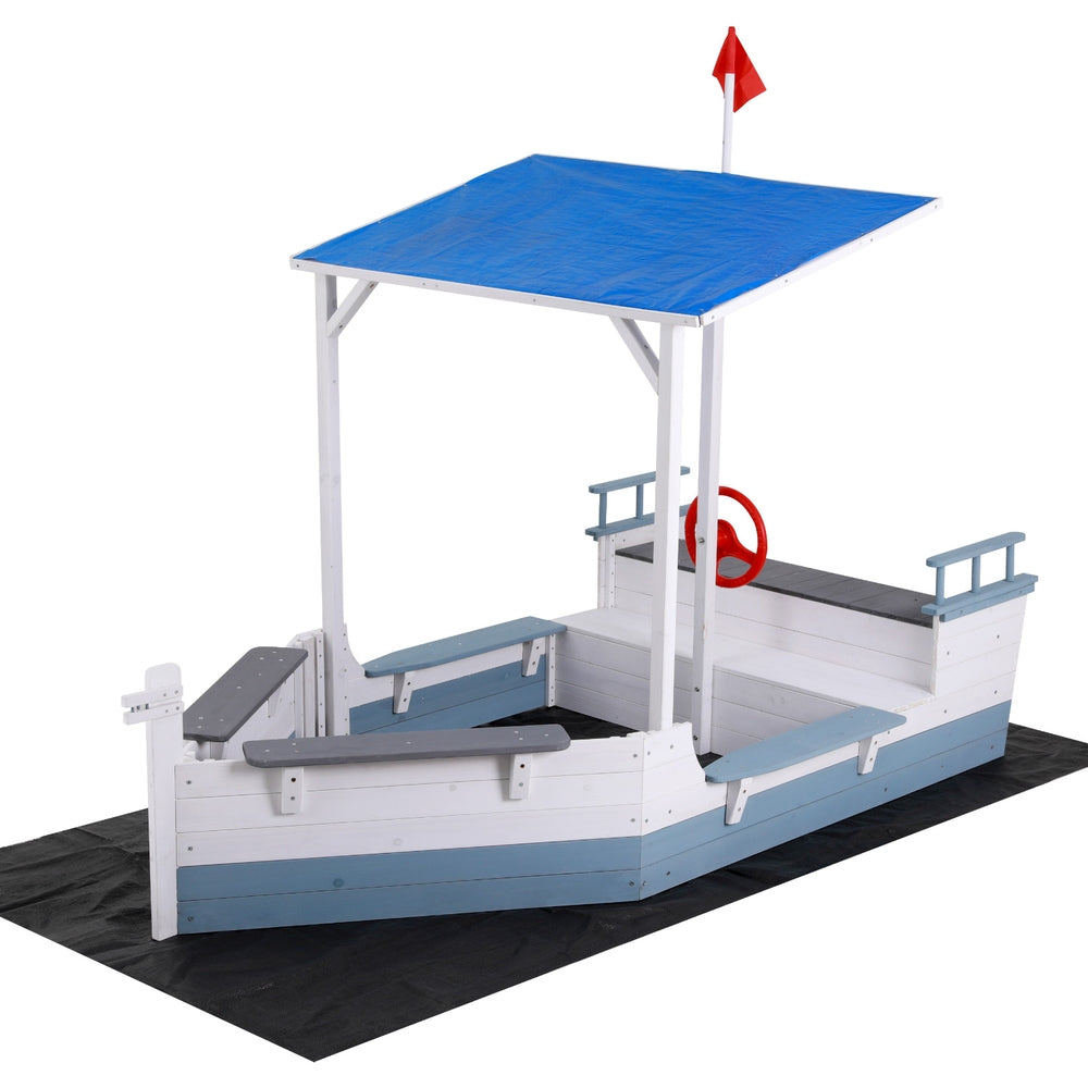 Keezi Kids Sandpit Wooden Box Boat Canopy Flag Outdoor Toys Children Blue Main image