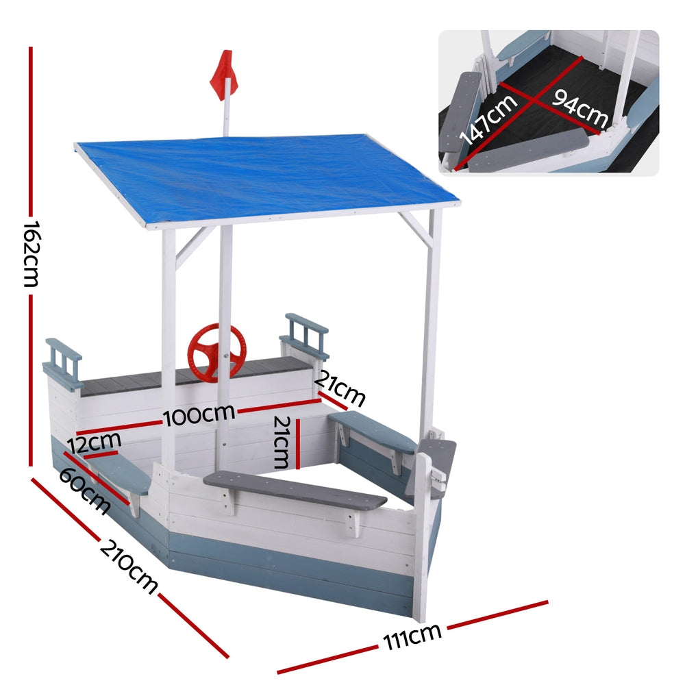 Keezi Kids Sandpit Wooden Box Boat Canopy Flag Outdoor Toys Children Blue Secondary image