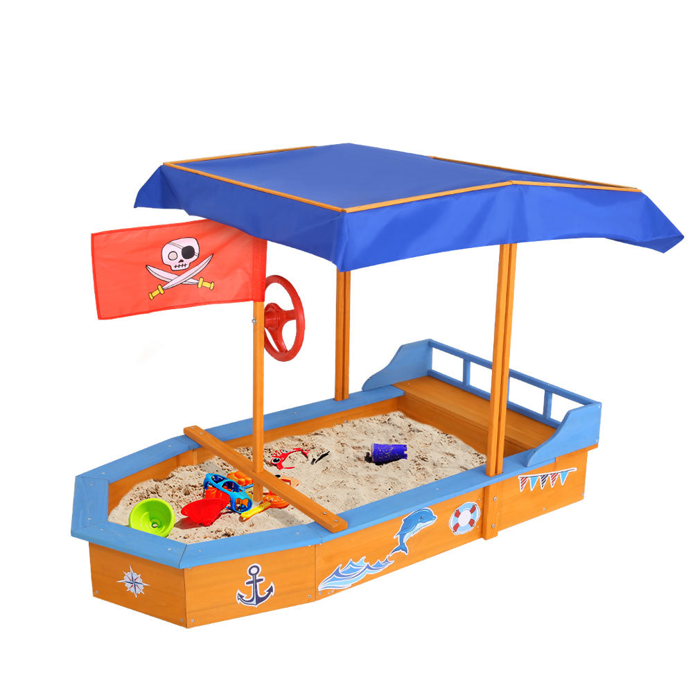 Keezi Kids Sandpit Wooden Boat Sand Pit with Canopy Bench Seat Beach Toys 150cm Main image