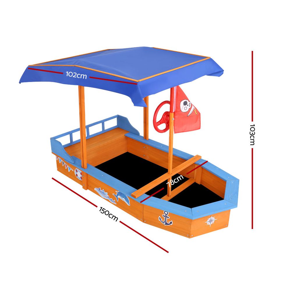 Keezi Kids Sandpit Wooden Boat Sand Pit with Canopy Bench Seat Beach Toys 150cm Secondary image
