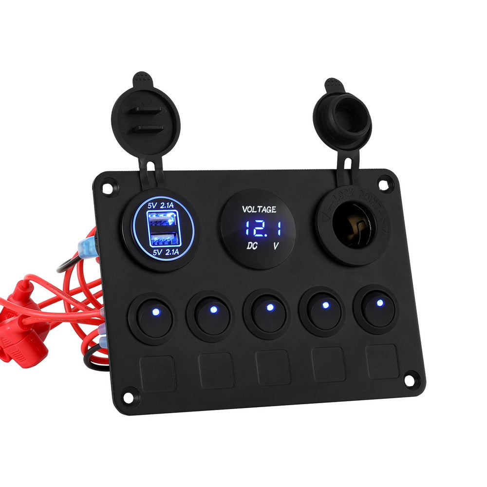 Giantz 5 Gang 12V Switch Panel For Car Boat Marine USB ON-OFF LED Rocker Toggle Main image