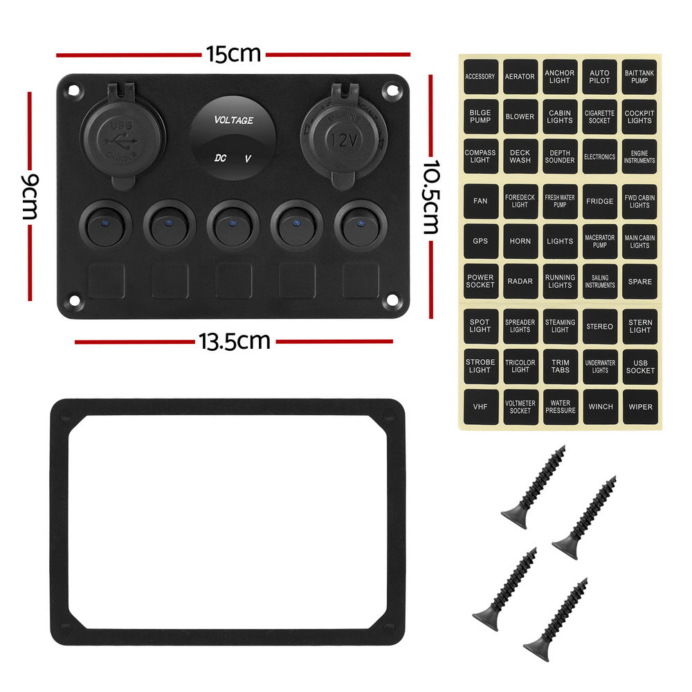 Giantz 5 Gang 12V Switch Panel For Car Boat Marine USB ON-OFF LED Rocker Toggle Secondary image