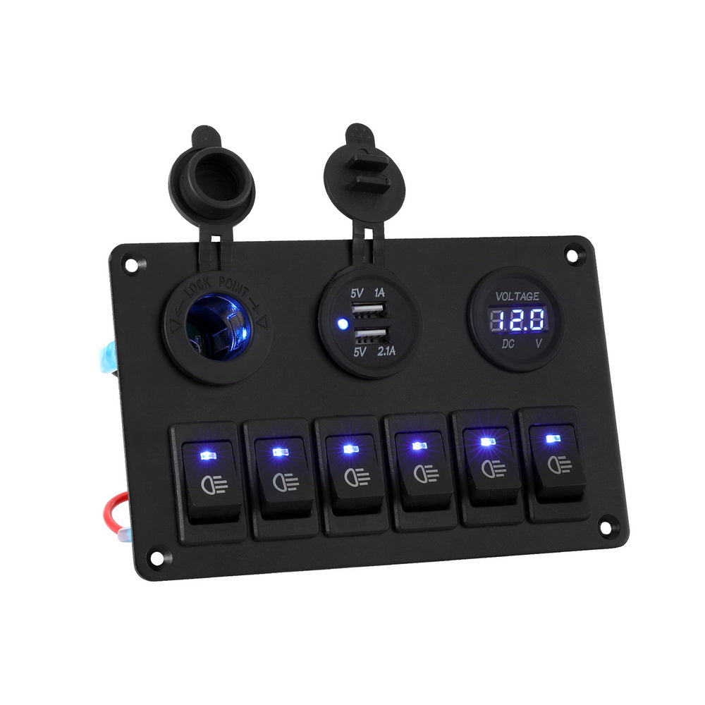 Giantz 6 Gang 12V Switch Panel For Car Boat Marine USB ON-OFF LED Rocker Toggle Main image