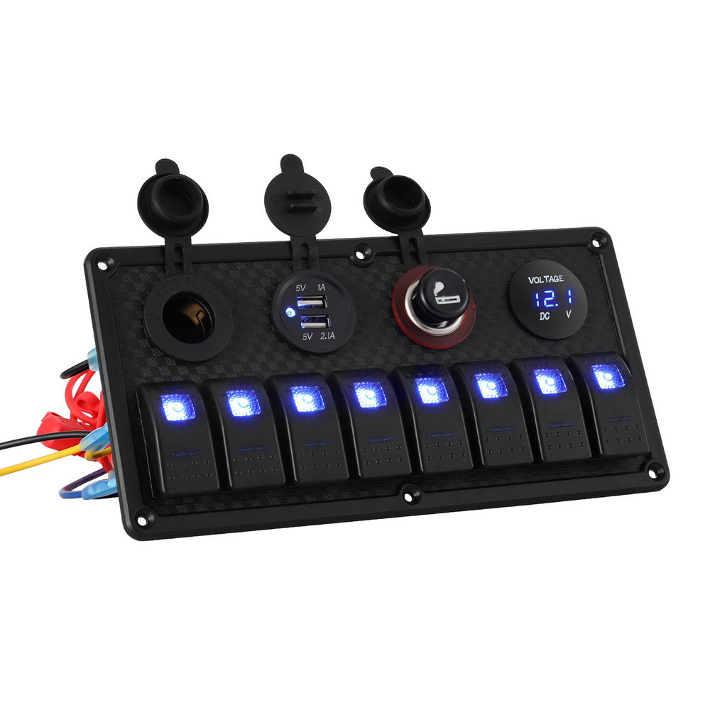 Giantz 8 Gang 12V Switch Panel For Car Boat Marine USB ON-OFF LED Rocker Toggle Main image