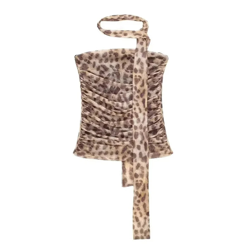Women's Leopard Strapless Backless Mesh Top & Bottom