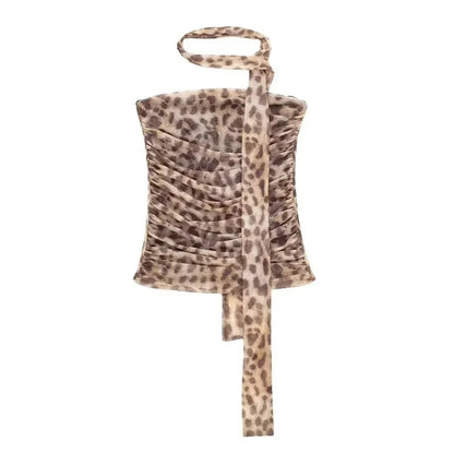 Women's Leopard Strapless Backless Mesh Top & Bottom