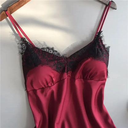 Women V Neck Stretch Satin Babydoll Lace Lingerie Pajama Set