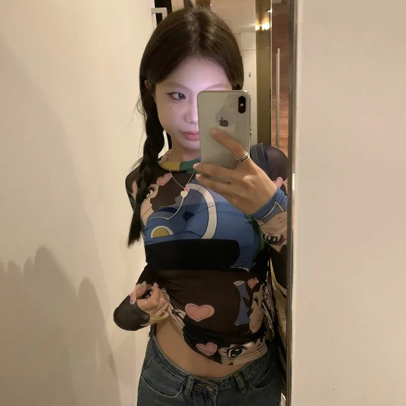 Japanese Anime Print Long Sleeve Mesh Top