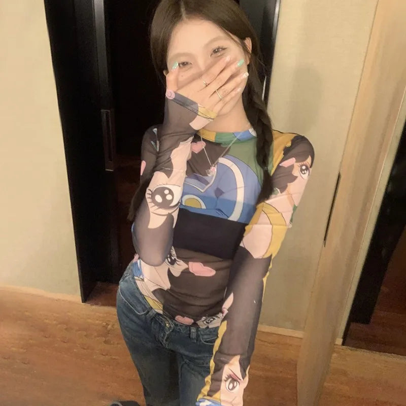 Japanese Anime Print Long Sleeve Mesh Top