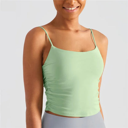 Solid Color Suspender Pleats Women Fitness Bra Gym Sports Top With Chest Pad