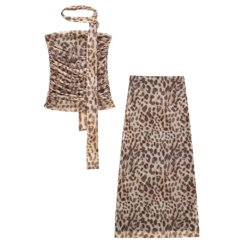 Women's Leopard Strapless Backless Mesh Top & Bottom