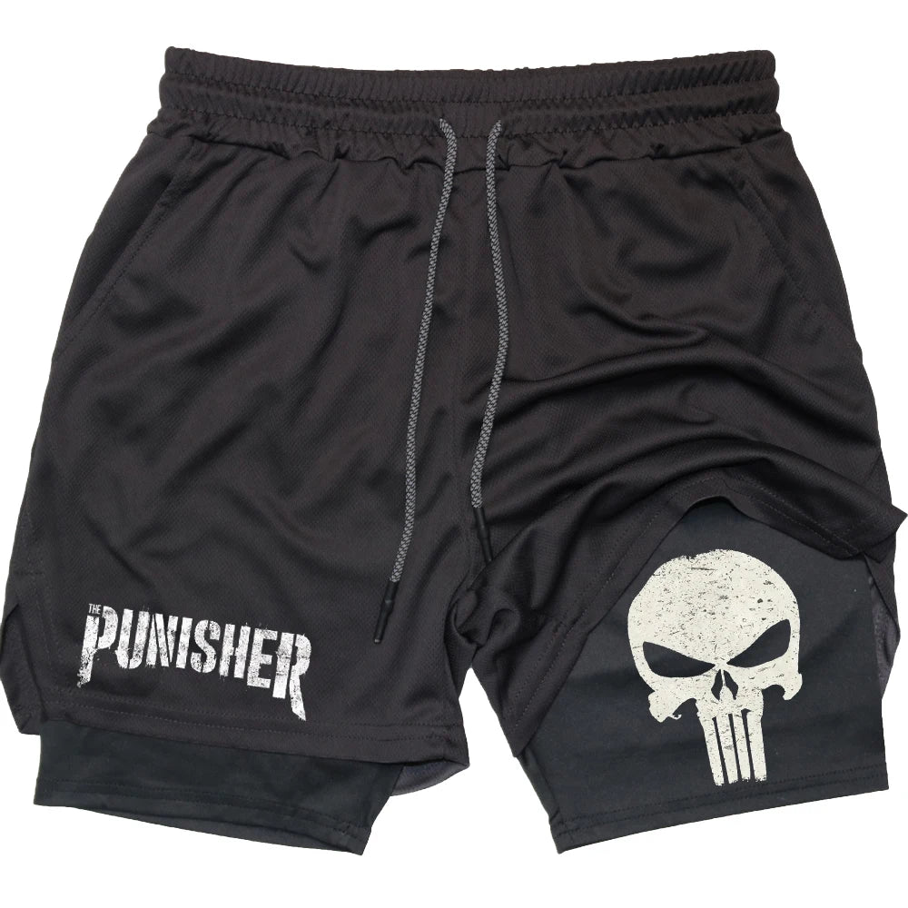 Marvel The Punisher Gym Men Fitness 2 In 1 Anime Performance Mesh Quick Dry Shorts