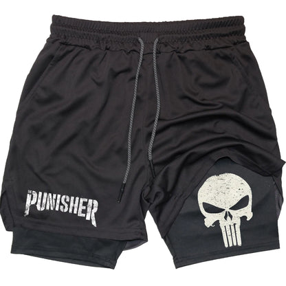 Marvel The Punisher Gym Men Fitness 2 In 1 Anime Performance Mesh Quick Dry Shorts
