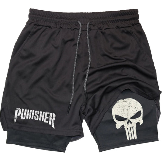 Marvel The Punisher Gym Men Fitness 2 In 1 Anime Performance Mesh Quick Dry Shorts