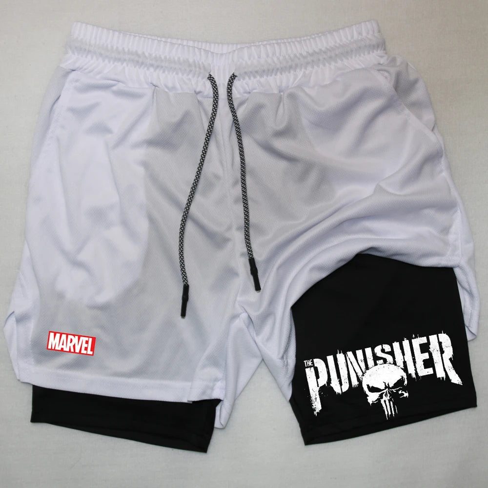 Marvel The Punisher Gym Men Fitness 2 In 1 Anime Performance Mesh Quick Dry Shorts