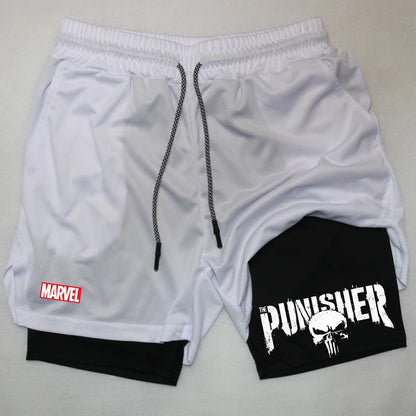 Marvel The Punisher Gym Men Fitness 2 In 1 Anime Performance Mesh Quick Dry Shorts